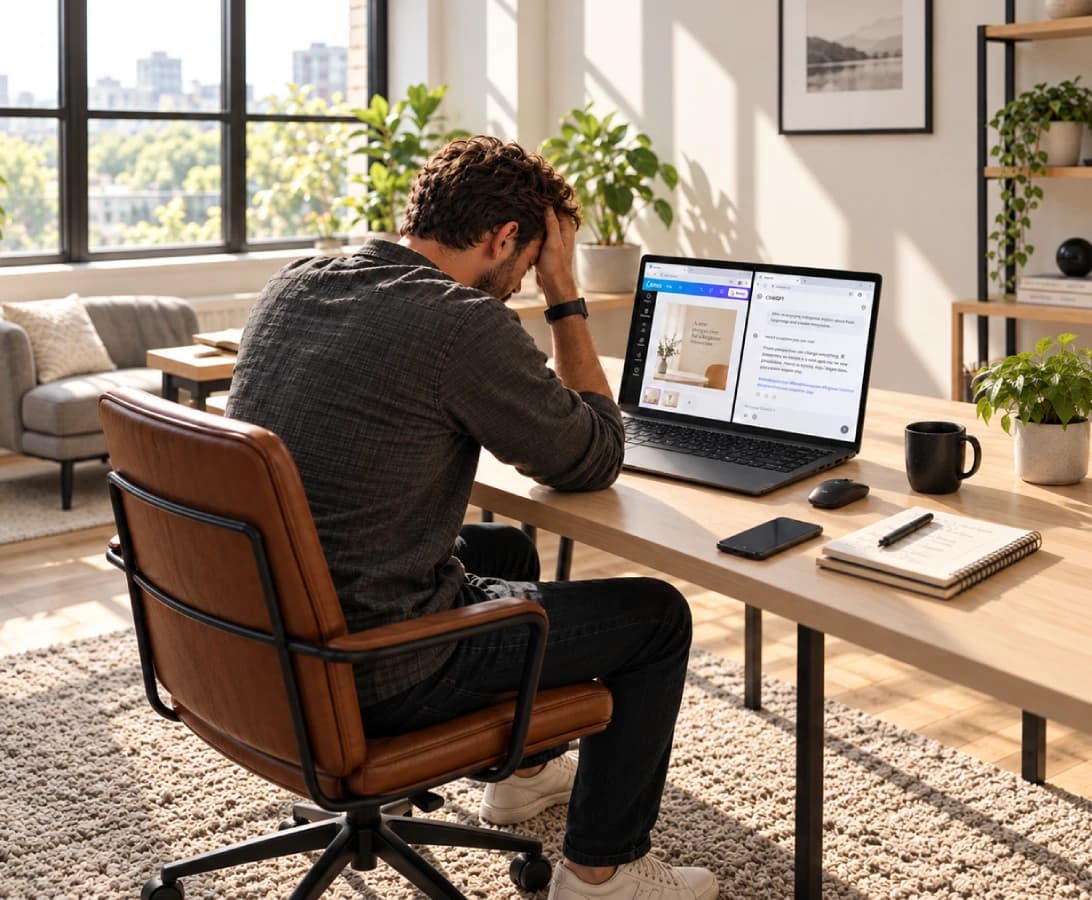 Empreendedor diante do computador, tentando criar conteúdo para seu negócio