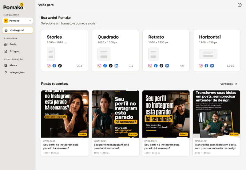 Tela inicial do aplicativo Pomake, com formatos e posts recentes